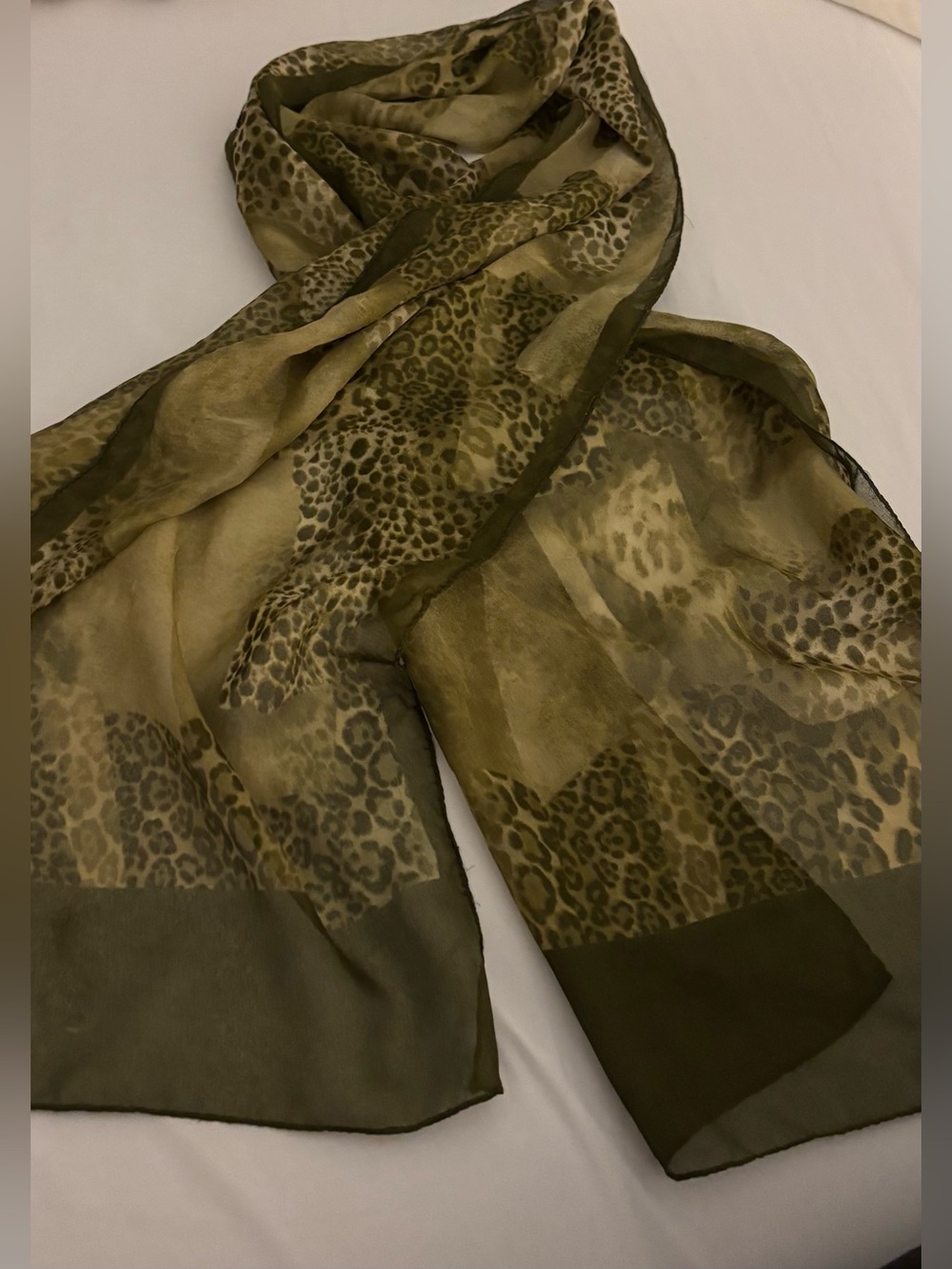 Vintage Green Brown Leopard Animal Print Thin Oblong Silk Scarf 62” Y2K